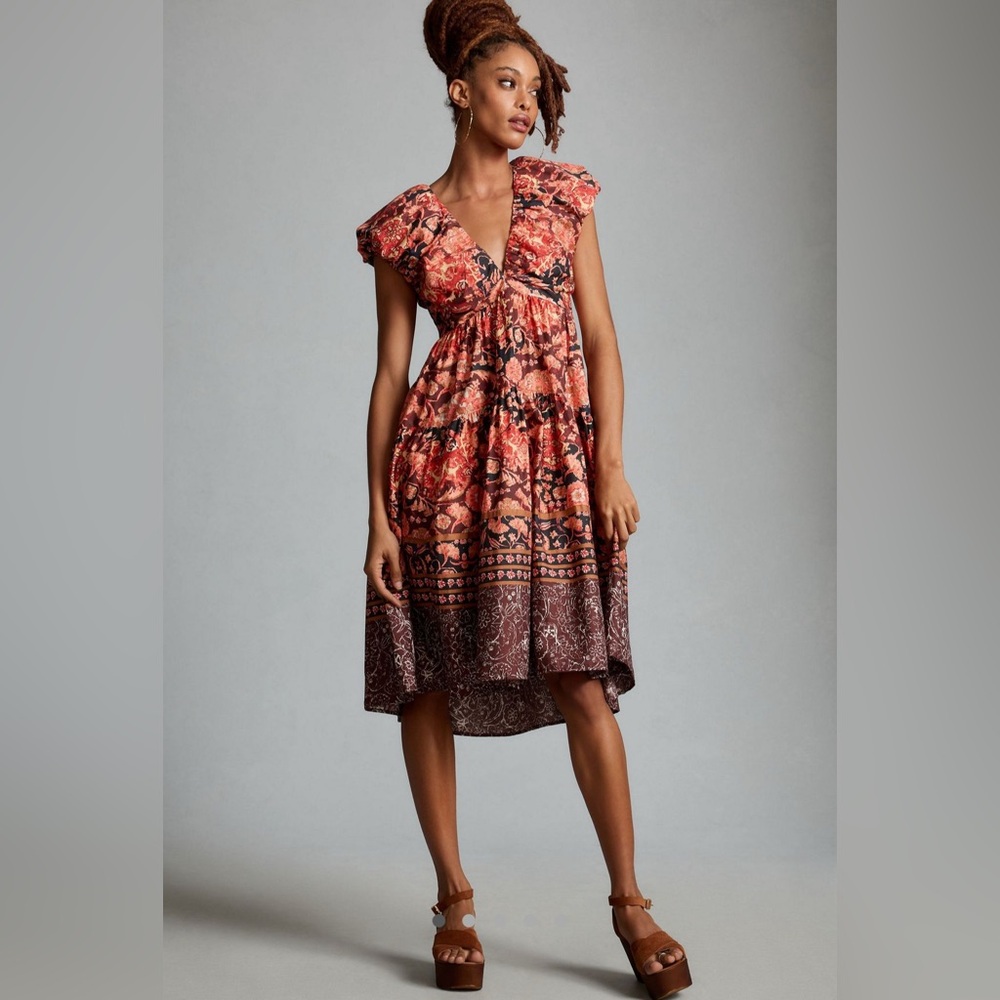 Anthropologie Printed V Neck Babydoll Dress